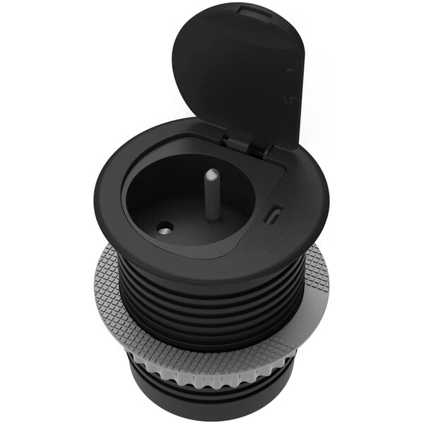 Orno Gniazdo meblowe ?6cm wpuszczane w blat z pokrywką, ładowarką USB i przewodem 1,9m, 1x2P+Z (French), 1xUSB (typ C| 20W), czarne