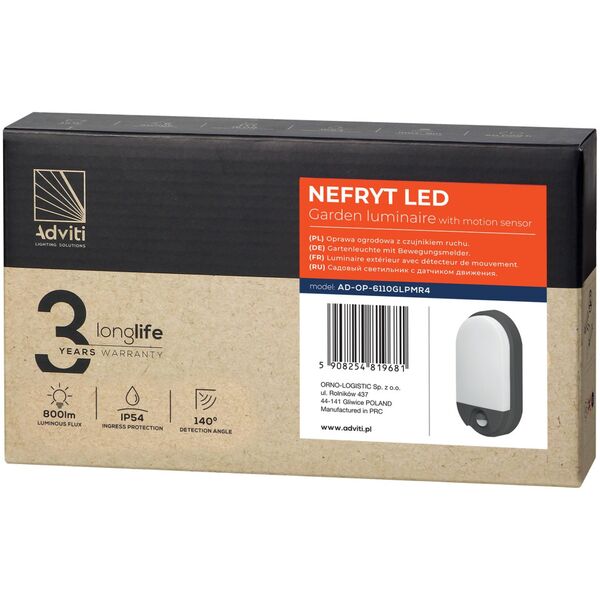 Kinkiet Orno NEFRYT LED 10W, oprawa ogrodowa z czujnikiem ruchu PIR, 800lm, IP54, 4000K, szara