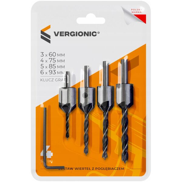 Wiertło VERGIONIC ZESTAW WIERTEŁ POGŁĘBIAJĄCYCH DO DREWNA REGULOWANE 3-6mm POGŁĘBIACZ 4 szt.