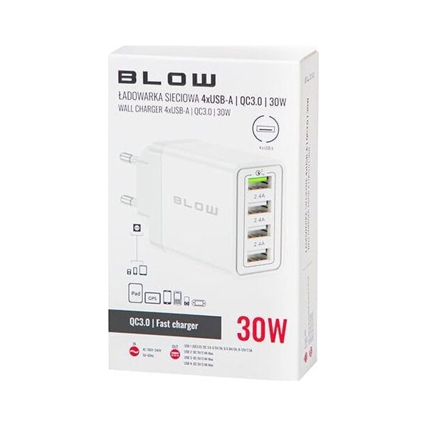 Ładowarka Blow 76-026# Ładowarka sieciowa gniazdo usbx3 + usb qc 30w