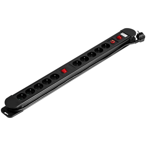 Orno Listwa zasilająca, 10 gniazd 2P+Z, kabel 3x1,5mm2, długość 1,5m,  2xWyłącznik podświetlany dwutorowy, Wyłącznik termiczny. 16A/230 VAC, Czarna