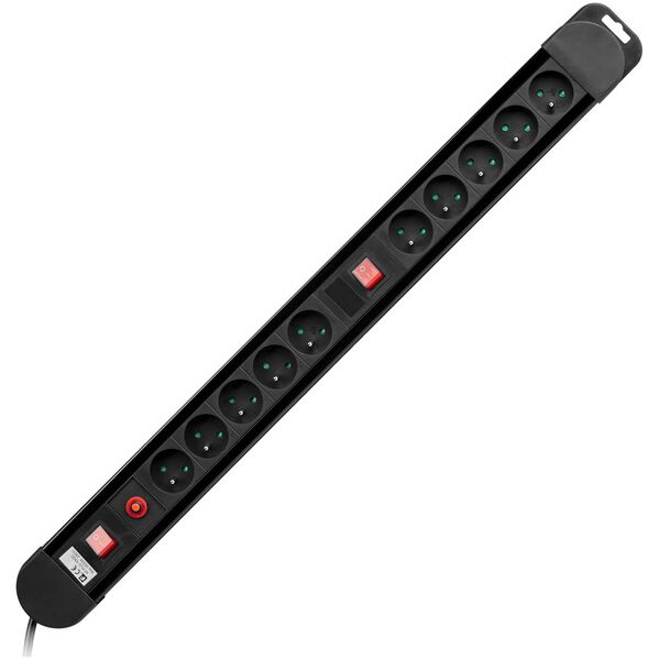 Orno Listwa zasilająca, 10 gniazd 2P+Z, kabel 3x1,5mm2, długość 1,5m,  2xWyłącznik podświetlany dwutorowy, Wyłącznik termiczny. 16A/230 VAC, Czarna