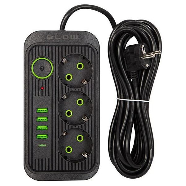 Blow 98-235# Przedłużacz sieciowy ps-350u 3-gniazda 4xusb 1xusb-c 5m czarny 2x1mm