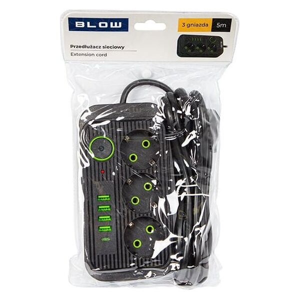 Blow 98-235# Przedłużacz sieciowy ps-350u 3-gniazda 4xusb 1xusb-c 5m czarny 2x1mm