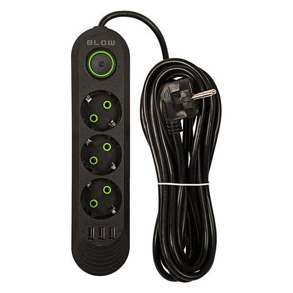 Blow 98-215# Przedłużacz sieciowy ps-350 3-gniazda 3xusb 5m czarny 2x1mm