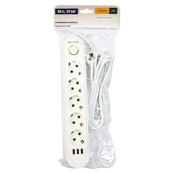 Blow 98-230# Przedłużacz sieciowy ps-530 5-gniazd 3xusb 3m biały 2x1mm
