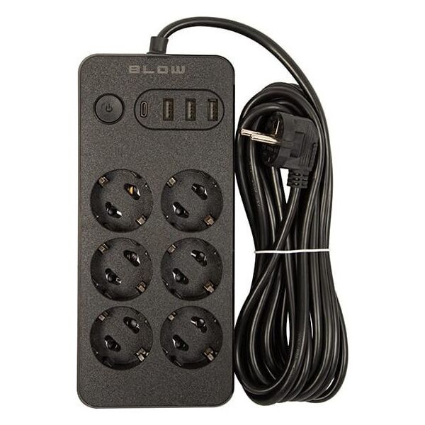 Blow 98-212# Przedłużacz sieciowy ps-650 6-gniazd 3xusb 1xusb-c 5m czarny 2x1mm