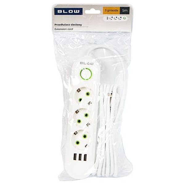 Blow 98-218# Przedłużacz sieciowy ps-350 3-gniazda 3xusb 5m biały 2x1mm