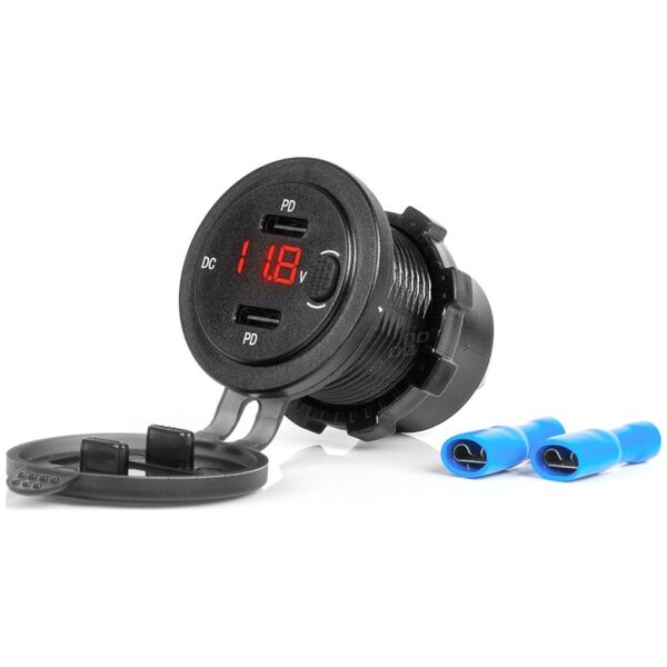 Ładowarka AMiO Ładowarka samochodowa z gniazdami usb i testerem napięcia wodoodporna z włącznikiem 2x usb-c 12v 24v amio-04226