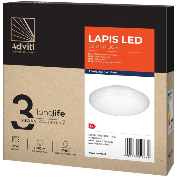 Lampa sufitowa Orno LAPIS LED 12W, plafon oświetleniowy, 800lm, IP65, 4000K, IK10, poliwęglan mleczny, biały