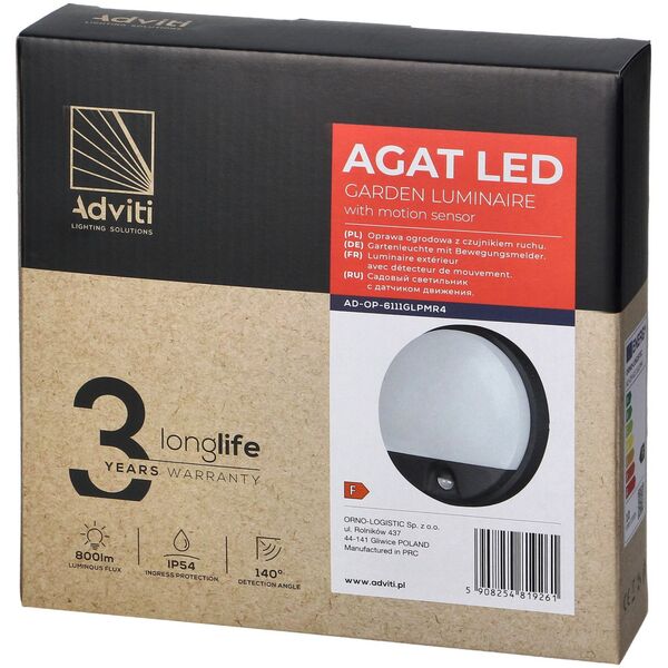 Kinkiet Orno AGAT LED 10W, oprawa ogrodowa z czujnikiem ruchu 140st, 800lm, IP54, 4000K, szara
