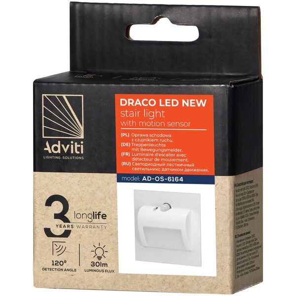 Oprawa schodowa Orno DRACO LED NEW 1,5W, oprawa schodowa podtynkowa, 12VDC, 30lm, 6000K, biała, czujnik ruchu i zmierzchu