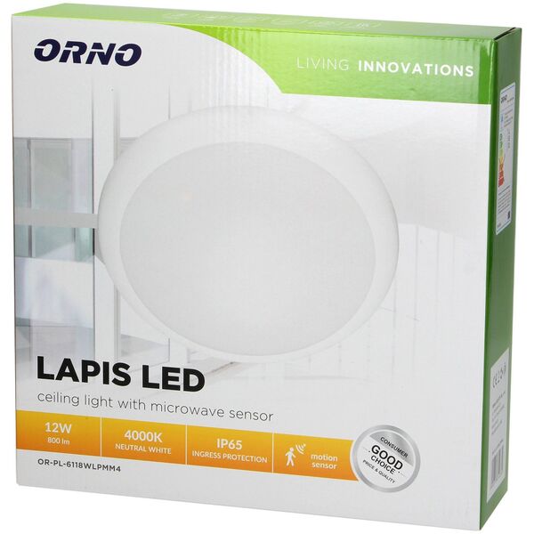 Lampa sufitowa Orno LAPIS LED 12W, plafon oświetleniowy z mikrofalowym czujnikiem ruchu,  800lm, IP65, 4000K, IK10, poliwęglan mleczny, biały
