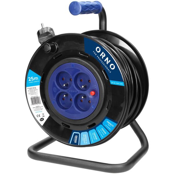 Orno Przedłużacz bębnowy, 4 gniazda 2P+Z, kabel PVC H05VV-F 3x1,5mm?, długość 25m, stałe gniazda, termik, przesłony torów prądowych.