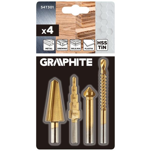Wiertła stopniowe 4-12 mm, rozwiertak 12,4 mm, frezowiertło 6x90 mm, pogłębiacz stożkowy 8-20 mm,TiN