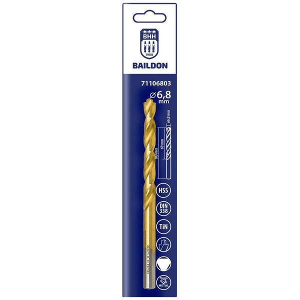Wiertło do metalu Baildon DIN 338 RN 6,8 mm, HSS TiN (S), 109-69 mm (chwyt 3-płaszczyznowy)