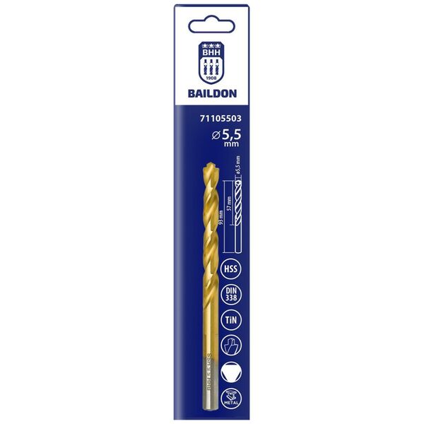 Wiertło do metalu Baildon DIN 338 RN 5,5 mm, HSS TiN (S), 93-57 mm (chwyt 3-płaszczyznowy)