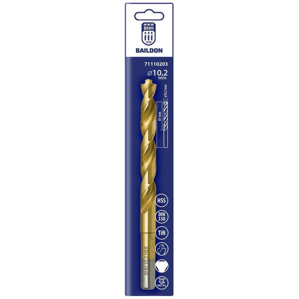 Wiertło do metalu Baildon DIN 338 RN 10,2 mm, HSS TiN (S), 133-87 mm (chwyt 3-płaszczyznowy)