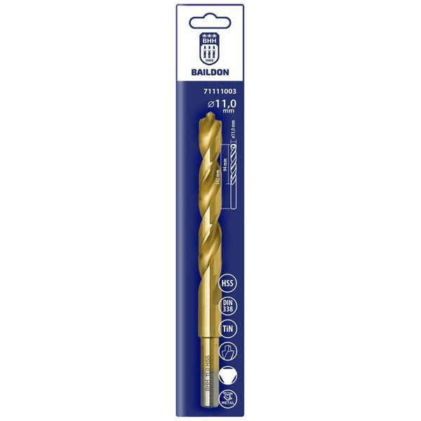 Wiertło do metalu Baildon DIN 338 RN 11 mm, HSS TiN (S), 142-94 mm (chwyt 3-płaszczyznowy)