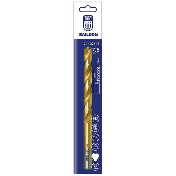 Wiertło do metalu Baildon DIN 338 RN 7,5 mm, HSS TiN (S), 109-69 mm (chwyt 3-płaszczyznowy)