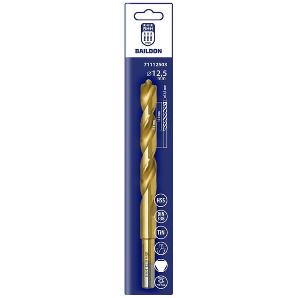 Wiertło do metalu Baildon DIN 338 RN 12,5 mm, HSS TiN (S), 151-101 mm (chwyt 3-płaszczyznowy)