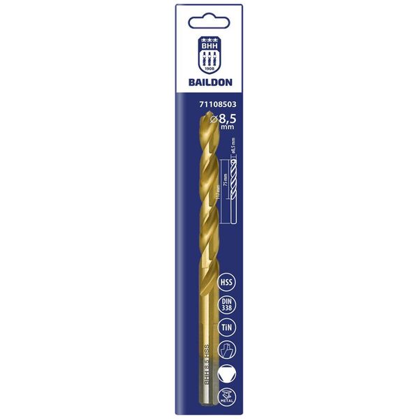 Wiertło do metalu Baildon DIN 338 RN 8,5 mm, HSS TiN (S), 117-75 mm (chwyt 3-płaszczyznowy)