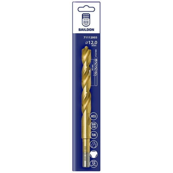 Wiertło do metalu Baildon DIN 338 RN 12 mm, HSS TiN (S), 151-101 mm (chwyt 3-płaszczyznowy)