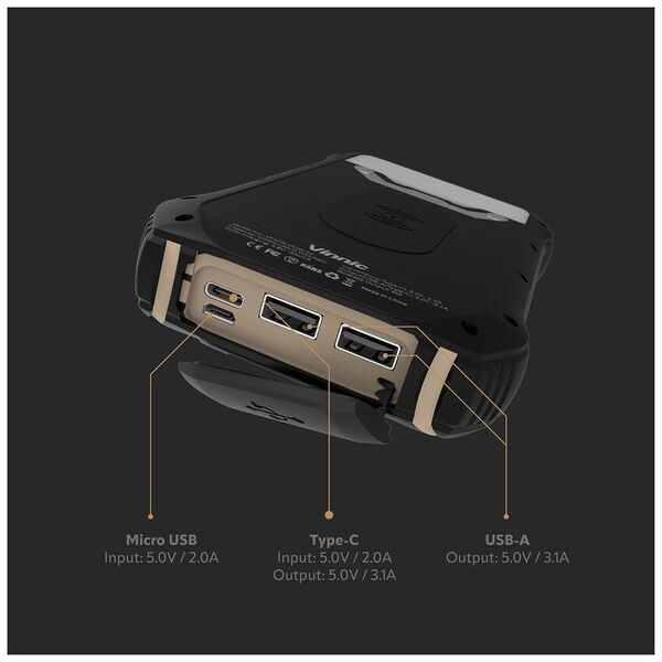 Powerbank Vinnic Vinnic SACA PEAK Solar Powerbank 10.000mAh IP65 1xC 2xA, μαύρο 13864698 4898340000000