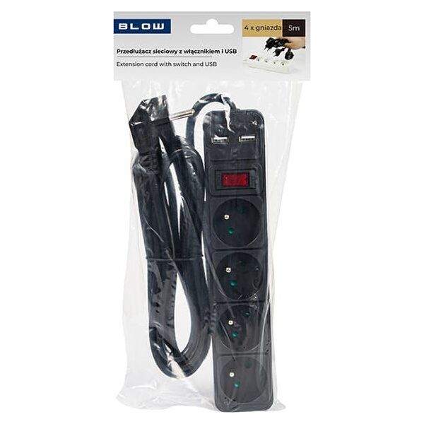 Blow 98-779# Przedłużacz sieciowy pr-470wsp/usb 4-gniazda+usb z uziemieniem+wyłącznik 5m czarny 3x1,5mm