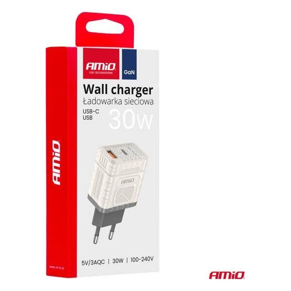 Ładowarka sieciowa Quick Charge GaN 30W USB-A + USB-C AMIO-04286