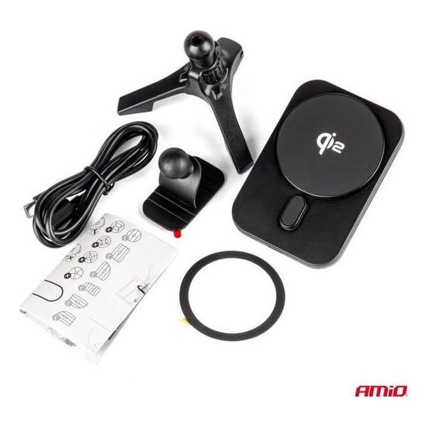 Uchwyt samochodowy na telefon do kratki i na kokpit z szybk? ładowark? indukcyjn? Qi2 15W AMIO-04180