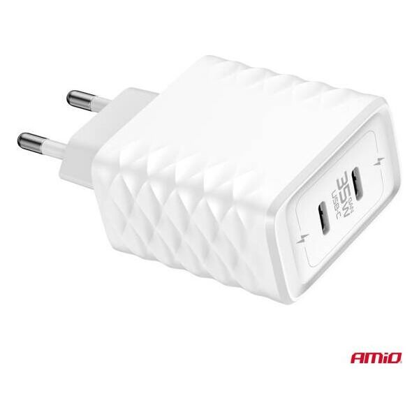 Ładowarka sieciowa Quick Charge 35W 2x USB-C 100-240V AMIO-04288