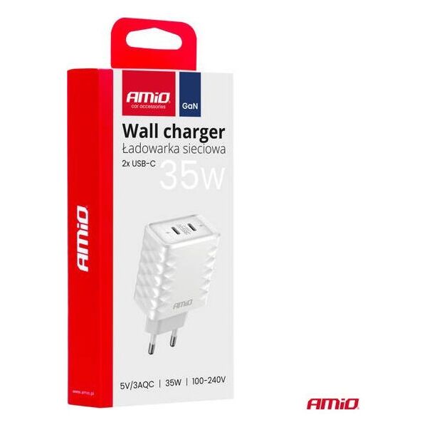 Ładowarka sieciowa Quick Charge 35W 2x USB-C 100-240V AMIO-04288