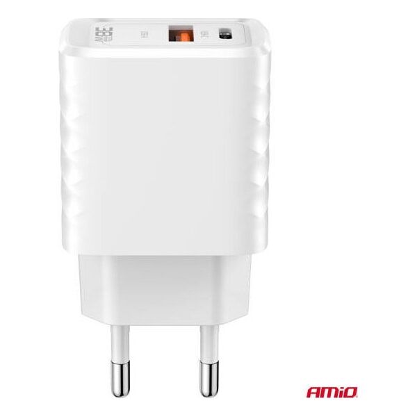 Ładowarka sieciowa Quick Charge GaN 38W USB-A + USB-C AMIO-04287