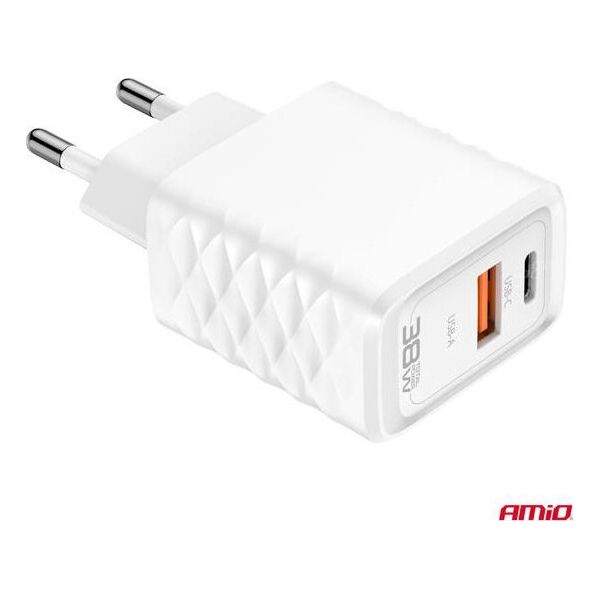 Ładowarka sieciowa Quick Charge GaN 38W USB-A + USB-C AMIO-04287