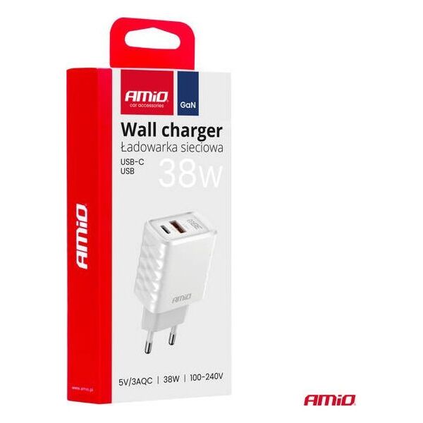 Ładowarka sieciowa Quick Charge GaN 38W USB-A + USB-C AMIO-04287
