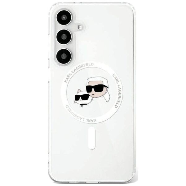 Etui Karl Lagerfeld Button Karl &         Choupette Heads Printed Logo MagSafe Samsung Galaxy S25 Plus biały