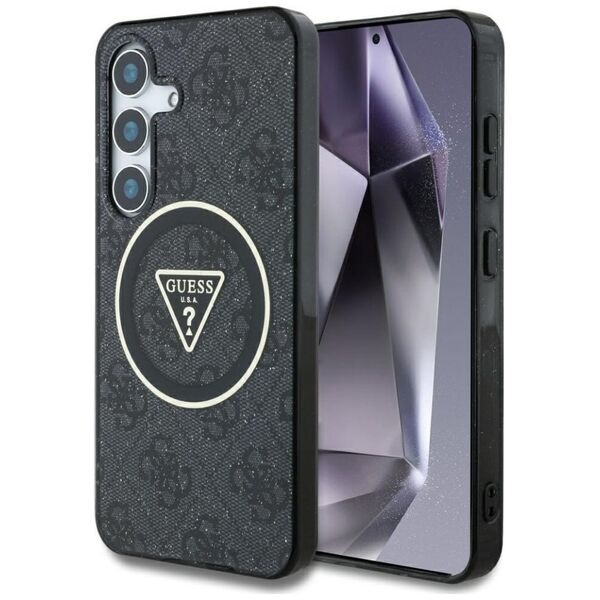 Guess 4G Glitter Triangle Buttons MagSafe Case for Samsung Galaxy S25 Plus Black