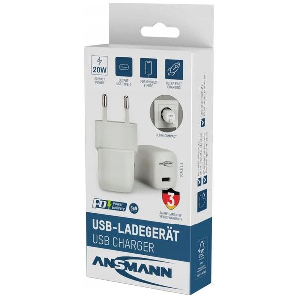 Ansmann Ansmann Home Charger HC120PD GaN Mini φορτιστής, 3A/20W USB-C 1001-0153 13294581 4013674195909
