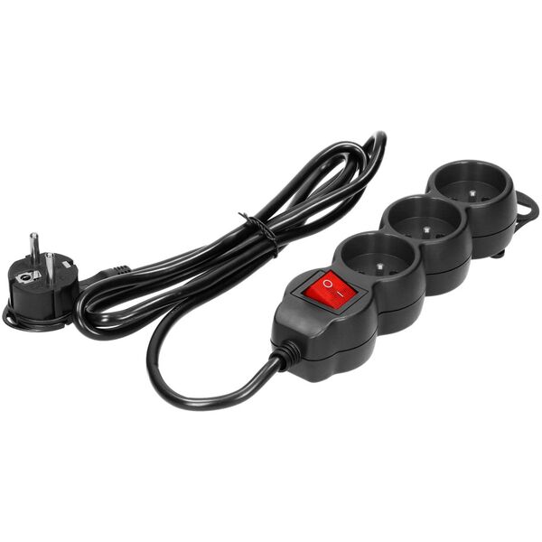 Orno Przedłużacz 3-krotny 2P+Z, z wyłącznikiem, 3m H05VV-F 3x1,5mm2, Imax=16A, płaska wtyczka, czarny