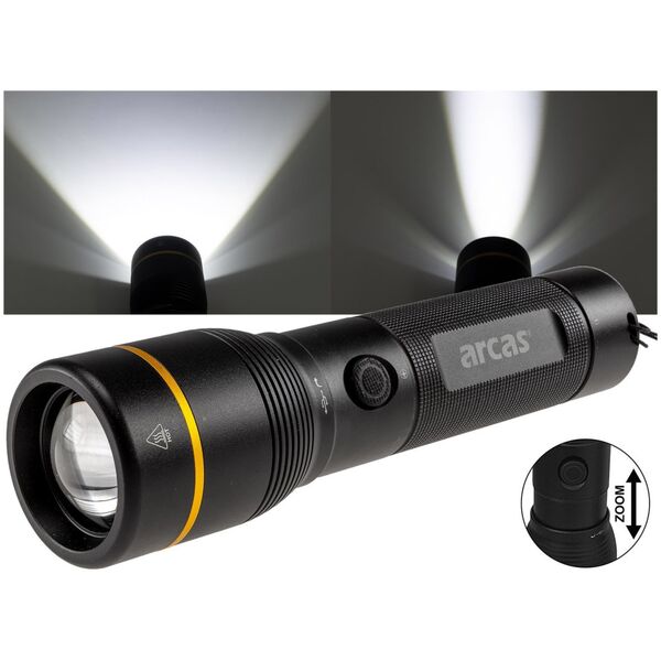Handheld flashlight, 20W, rechargeable USB-C, black, ARCAS