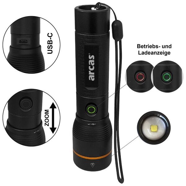 Handheld flashlight, 20W, rechargeable USB-C, black, ARCAS