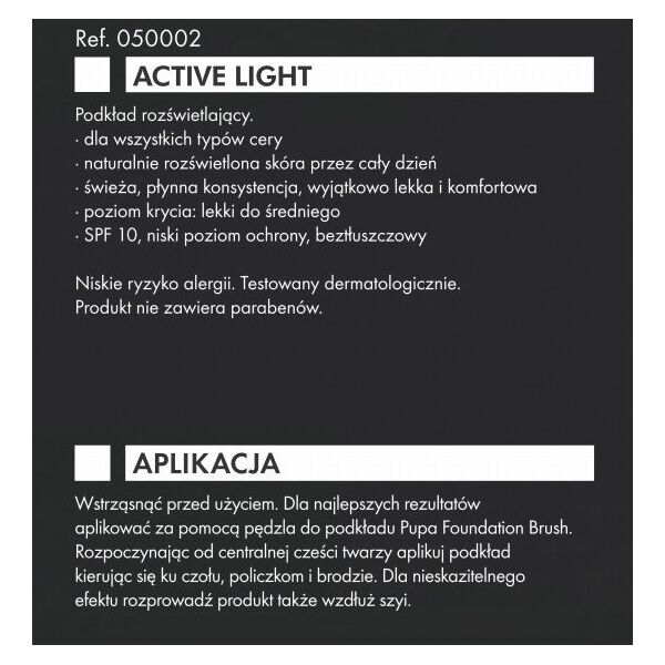 Pupa, Active-Light, Oil Free, Illuminating, Liquid Foundation, 050, Golden Beige, 30 ml For Women