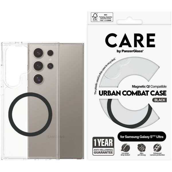 CARE by PanzerGlass Flagship Urban Combat QI Case for Samsung Galaxy S25 Ultra Clear-Black