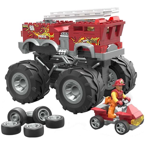 Mattel Hot Wheels Monster Trucks Mega - Pojazd do zbudowania 5-Alarm + łazik ATV Zestaw klocków HHD19