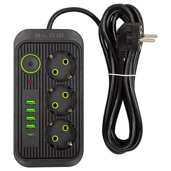 Blow 98-234# Przedłużacz sieciowy ps-330s 3-gniazda 4xusb 1xusb-c 3m czarny 2x1mm
