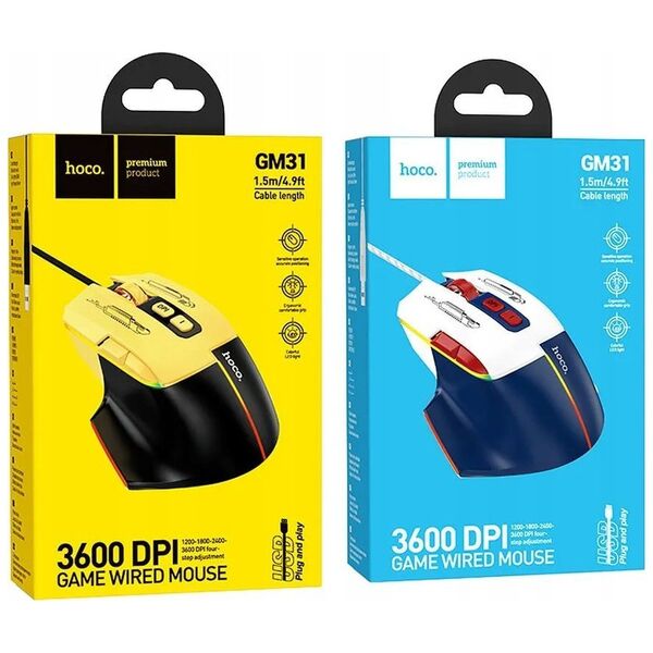 Mysz Hoco HOCO mysz komputerowa gamingowa przewodowa USB A 3600DPI GM31 biało niebieska