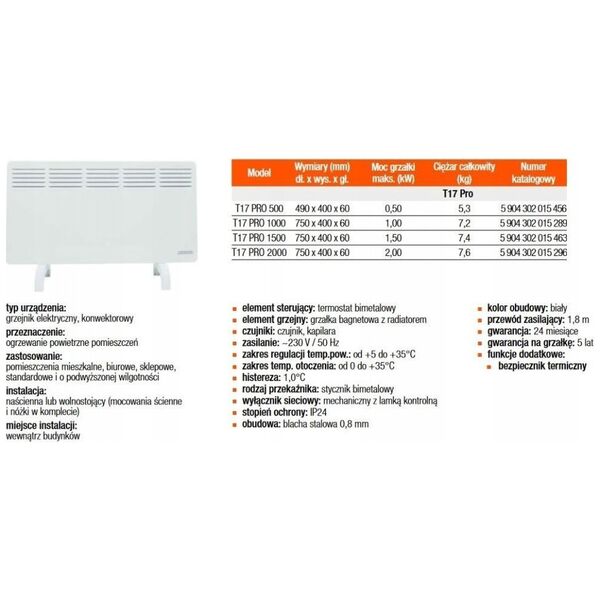 Elektryczny grzejnik konwektorowy T 17 PRO - 500 W IP24Ogrzewanie podłogowe