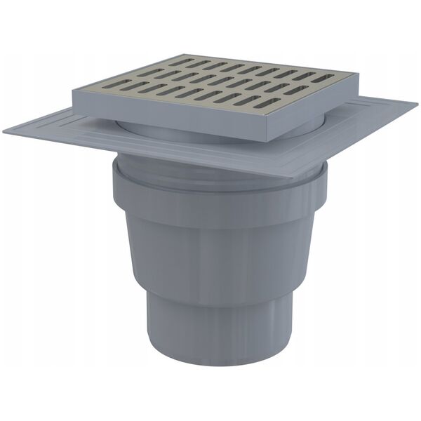 Kratka ściekowa 150×150/110 mm odpływ pionowy, kratka nierdzewna, dwa poziomy izolacji, syfon mokry