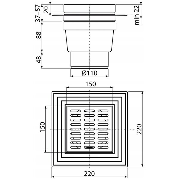 Kratka ściekowa 150×150/110 mm odpływ pionowy, kratka nierdzewna, dwa poziomy izolacji, syfon mokry